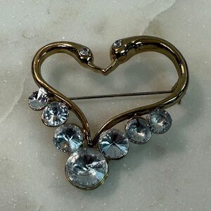 Vintage Swan & Crystal Heart Pin Brooch